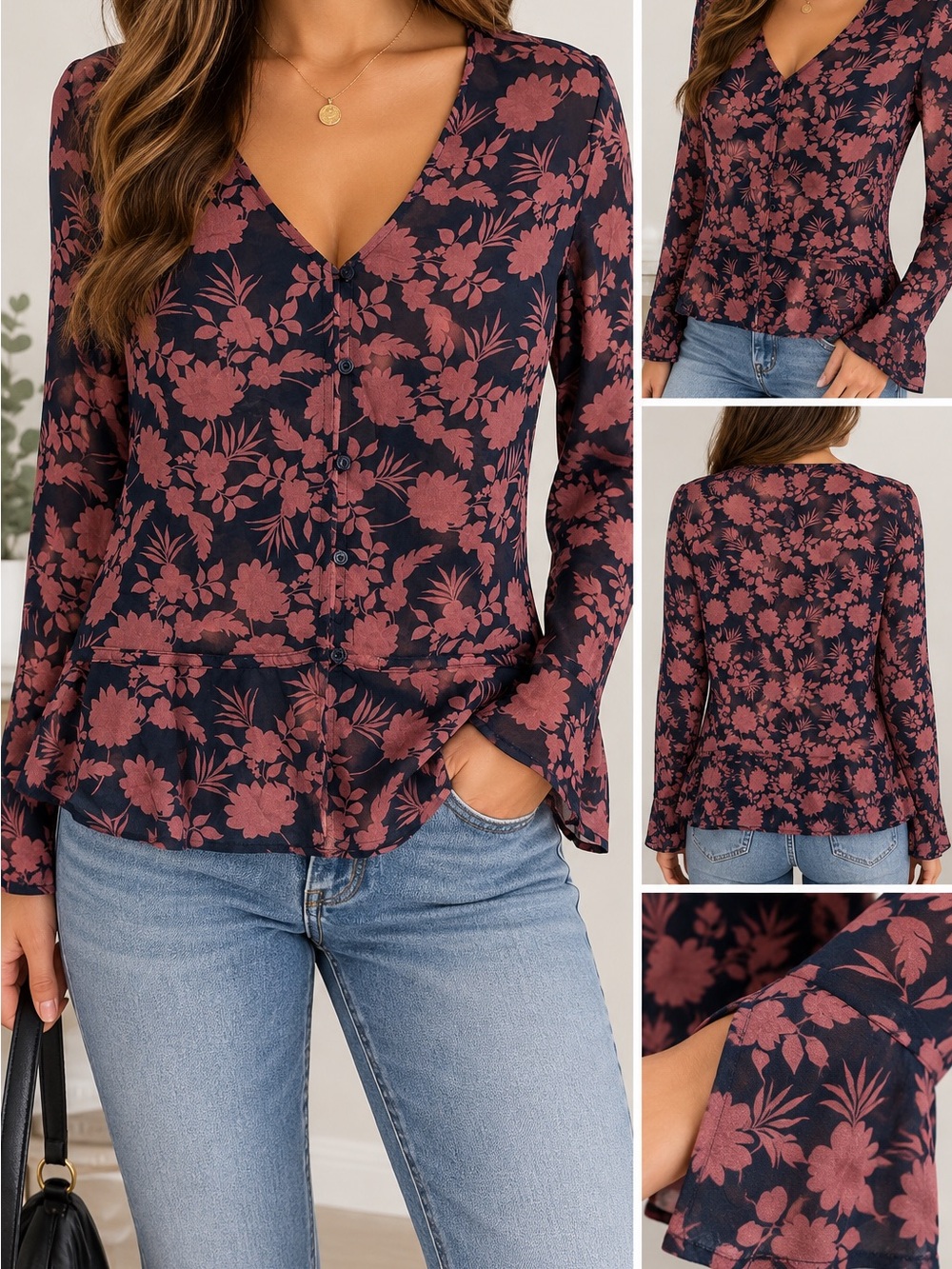 Anthropologie Cloth & Stone Floral Peplum Button Front Blouse M